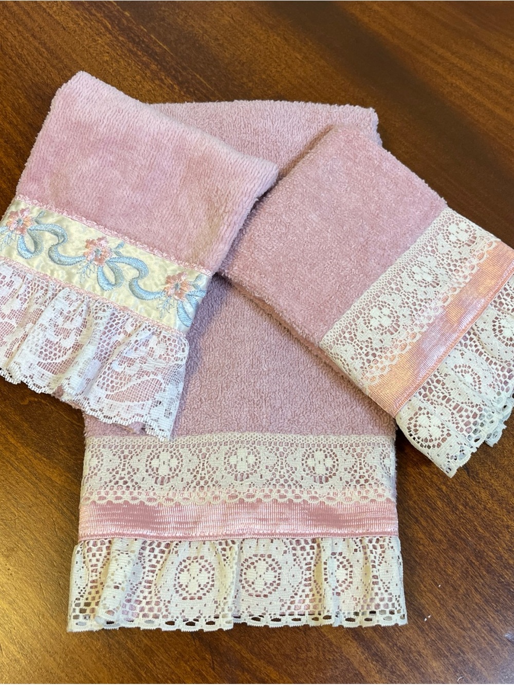Vintage Hand Towel Wash Rag Set Pink Lace Grannycore Cottagecore 90’s Lot Of 3